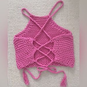 Urban Outfitters Size XS Pink Crochet Crop Top with Lace Up Back- Halter Top Fit